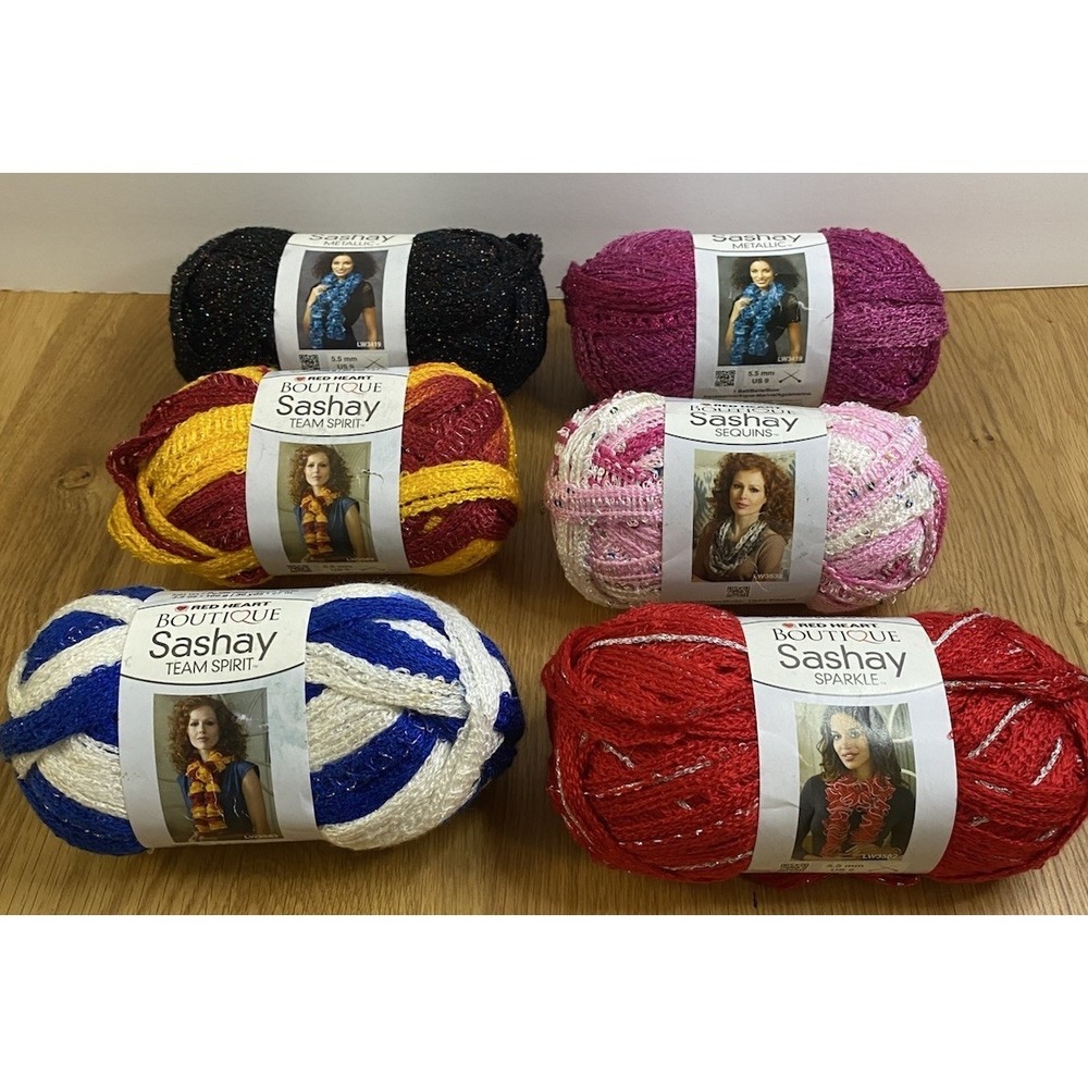 Red Heart Boutique Sashay Yarn Team Spirit Metallic Sparkle Multicolor LOT OF 6